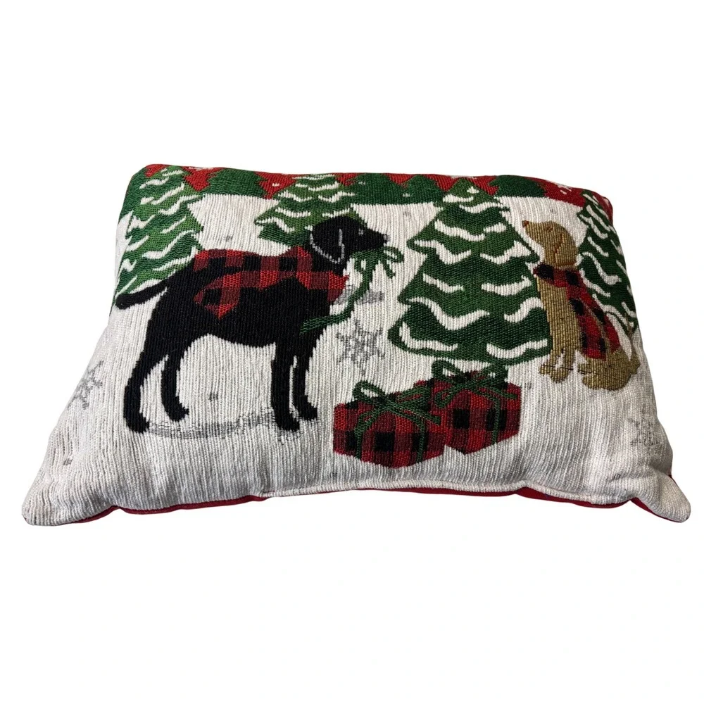 Tapestry Christmas Throw Pillow Black Lab Goldendoodle Buffalo Plaid Trees Gifts